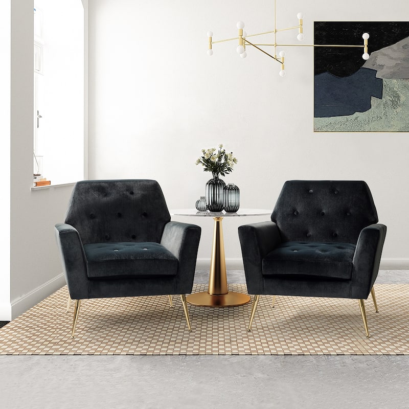 Lilia Contemporary Velvet Upholstered Tufted Back Armchair with Metal Golden legs Set of 2 by HULALA HOME - BLACK