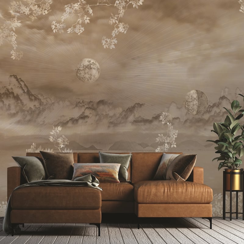 Celestial Night Sky Wallpaper Mural Golden Foliage Moon
