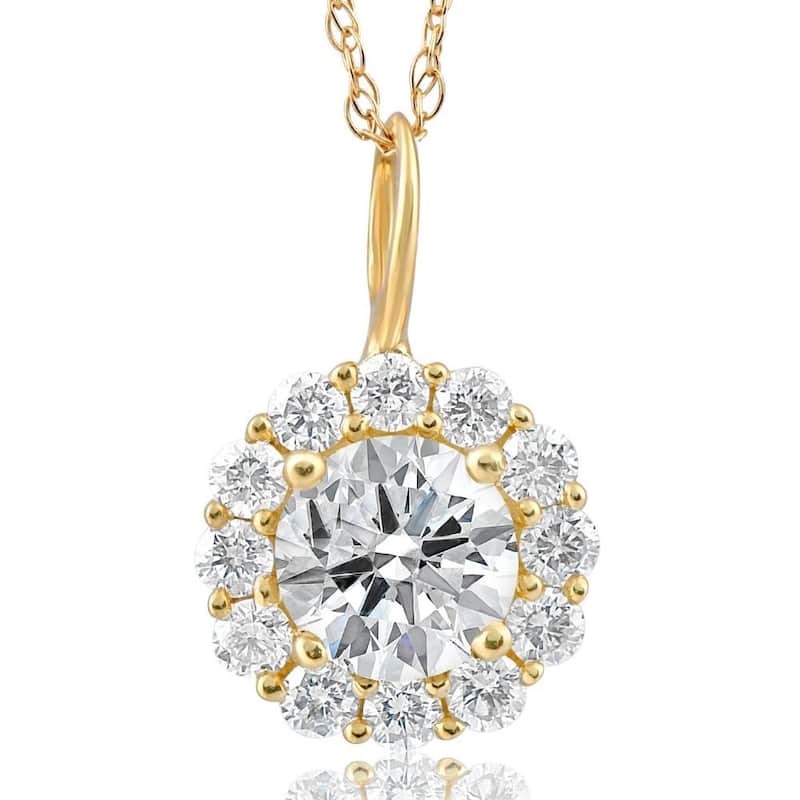 1 Ct Halo Diamond Pendant Yellow Gold 18" Chain Necklace