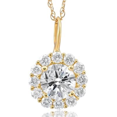 1 Ct Halo Diamond Pendant Yellow Gold 18" Chain Necklace