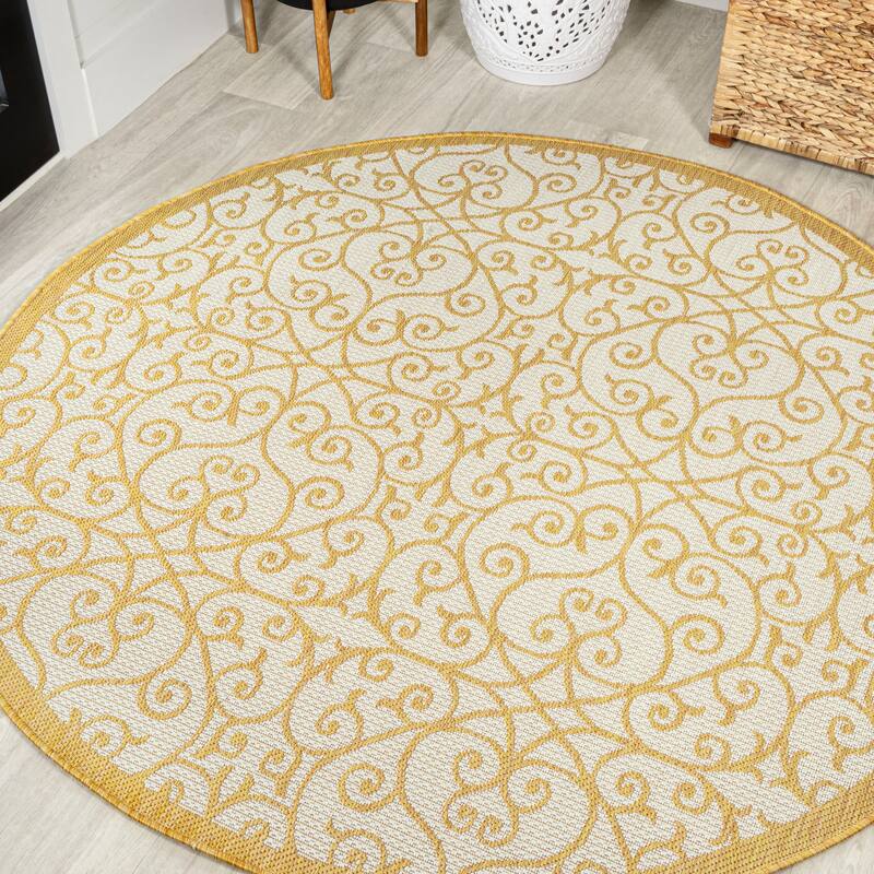 JONATHAN Y Ourika Textured Weave Indoor/Outdoor Area Rug - 5' Round - Cream/Yellow