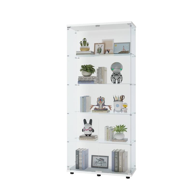 Double Door Glass Display Cabinet with 5 Shelves, Floor Standing Bookshelf for Living Room Bedroom Study or Collection Room
