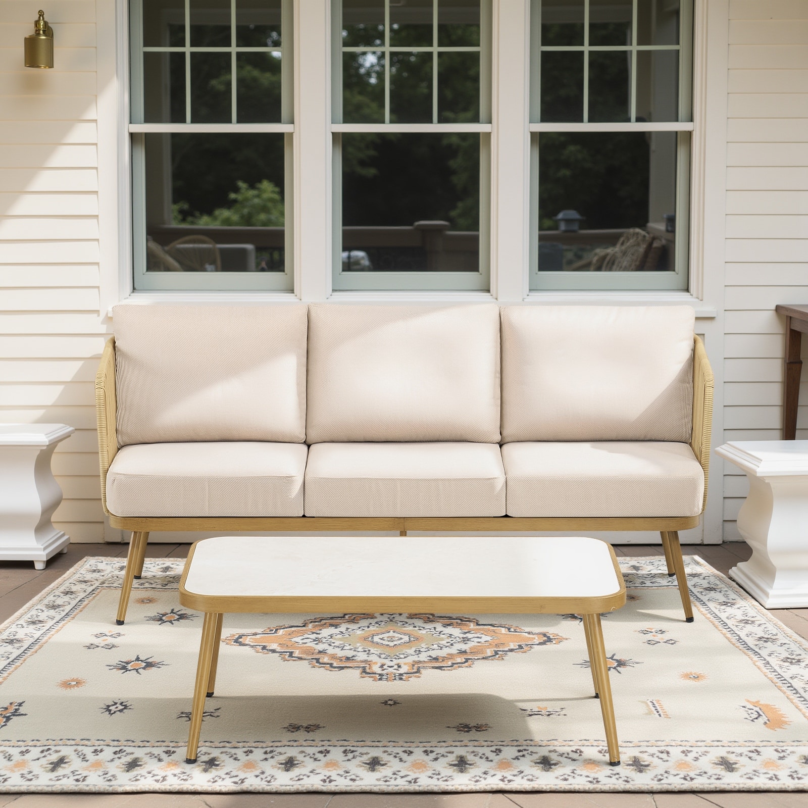 Outdoor Wicker Sofa and Coffee Table Set with 3-Seater Sofa, Patio Conversation Set with Removable Cushion