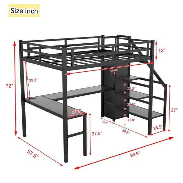 Full Size Metal Loft Bed with L-shaped Desk, LED, and Wardrobe