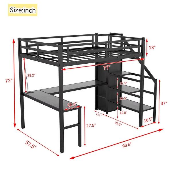 Full Size Metal Loft Bed with L-shaped Desk and USB, Wardrobe and Adjustable Shelf, High Loft Bed with LED for Kids Teens Adults