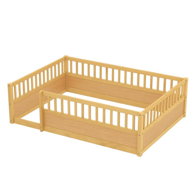 Solid Wood Floor Bed Frame without Slats, Montessori Kids Floor Beds with Full Length Fence, No Box Spring Needed