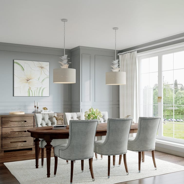 Acroma 4 - Light Whitewashed Drum Chandelier with Palm Leaf Detailing and Fabric Shade