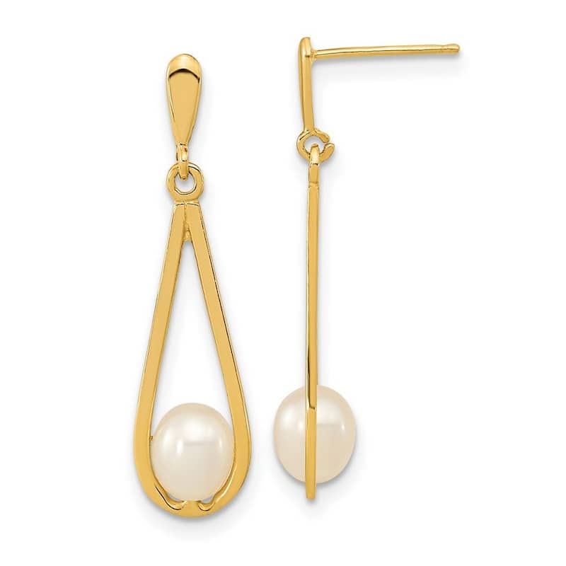 Curata 14k Yellow Gold 5-6mm White Freshwater Cultured Pearl Post Dangle Earrings (29x7.25mm)