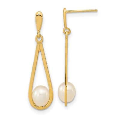 Curata 14k Yellow Gold 5-6mm White Freshwater Cultured Pearl Post Dangle Earrings (29x7.25mm)