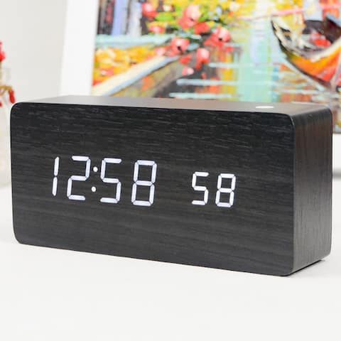 LED Wooden Digital Alarm Clock Voice Control Timer 3 Colors