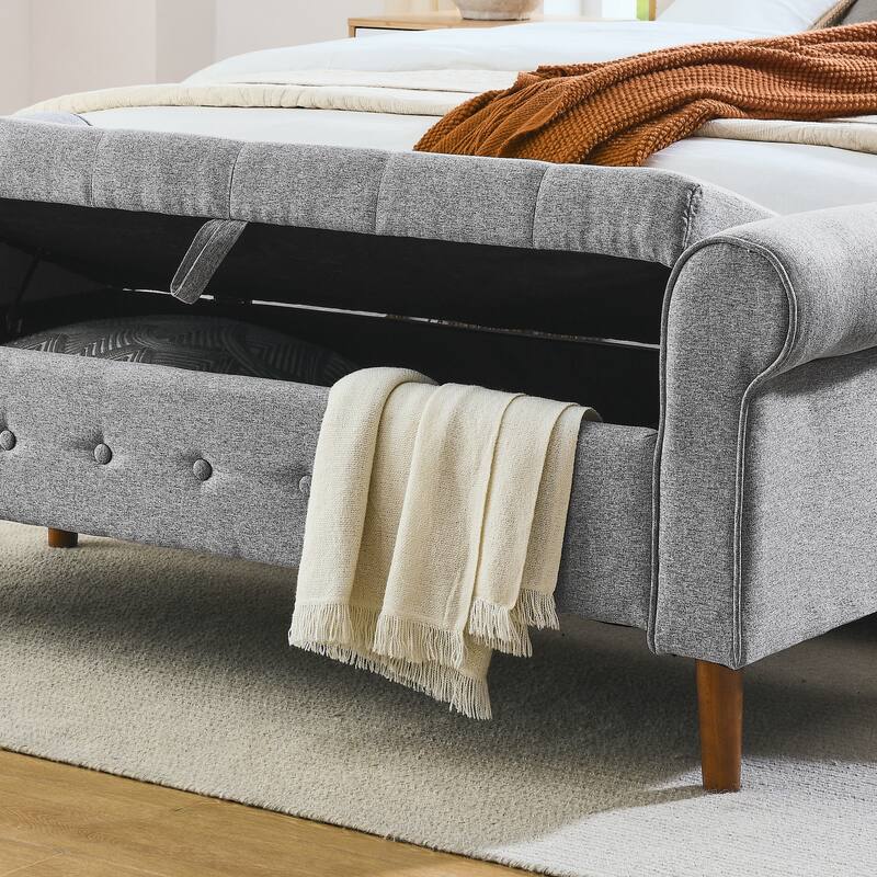 62" Bedroom Tufted Button Storage Bench Linen Upholstered Ottoman