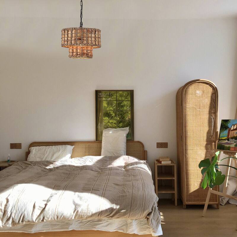 1-Light Farmhouse 2-Tier Metal Hanging Pendant Light Kitchen Island with Rattan Cover for Dining Room