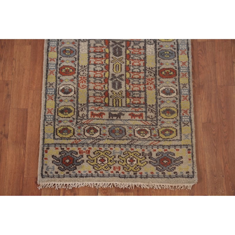 Tribal Beige Geometric Khotan Runner Rug Hand-Knotted Wool Carpet - 2'5"x 10'0"