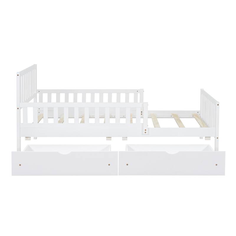 Solid Wood Platform Bed Frame with Guardrail, Drawer
