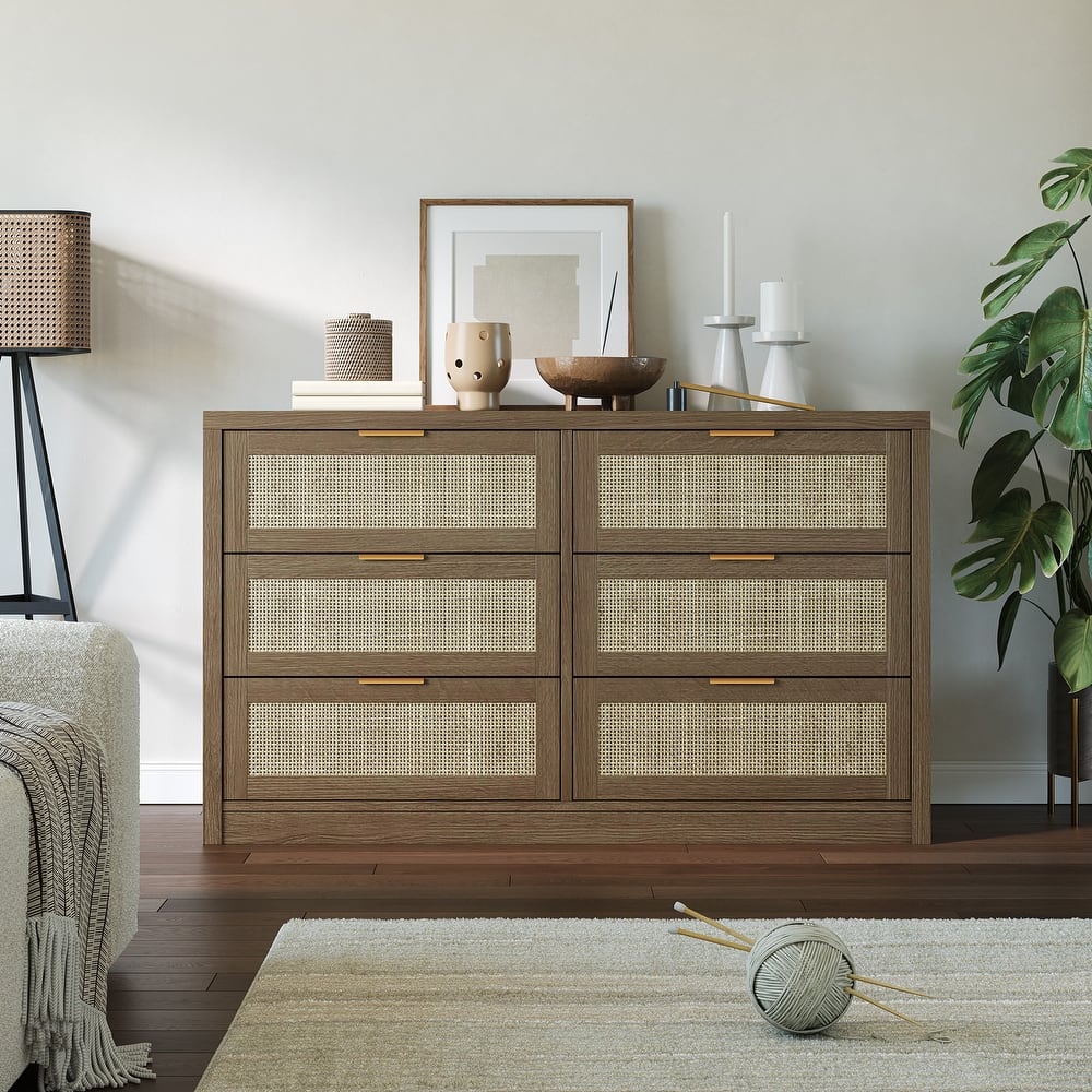 6/7-Drawer Dresser for Bedroom, Rattan Dresser Modern Wood Chest with Metal Handles