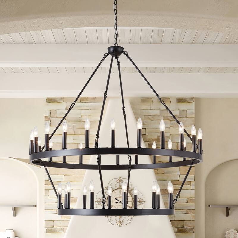 36-Light Black Wagon Wheel Chandelier Rustic Farmhouse Ceiling Light with Adjustable Height - 2 Tier 36lights - 2 Tier 36lights - Black