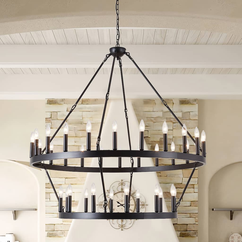36-Light Black Wagon Wheel Chandelier Rustic Farmhouse Ceiling Light with Adjustable Height - 2 Tier 36lights