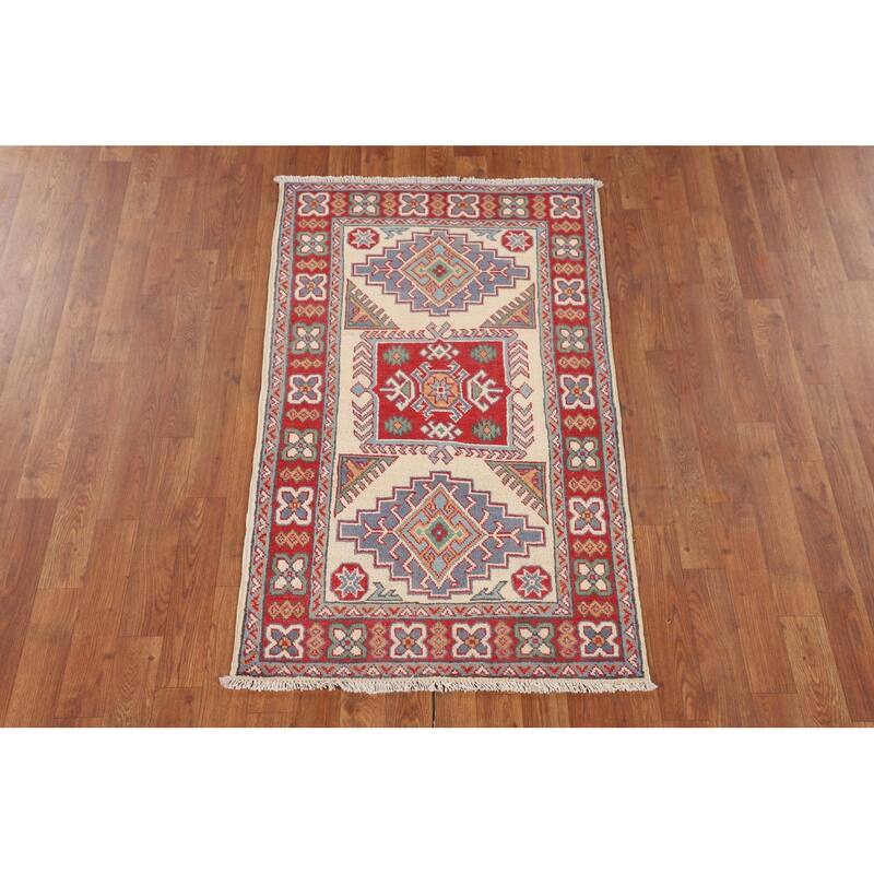 Ivory Geometric Kazak Accent Rug Hand-Knotted Wool Carpet - 2'7" x 4'3"