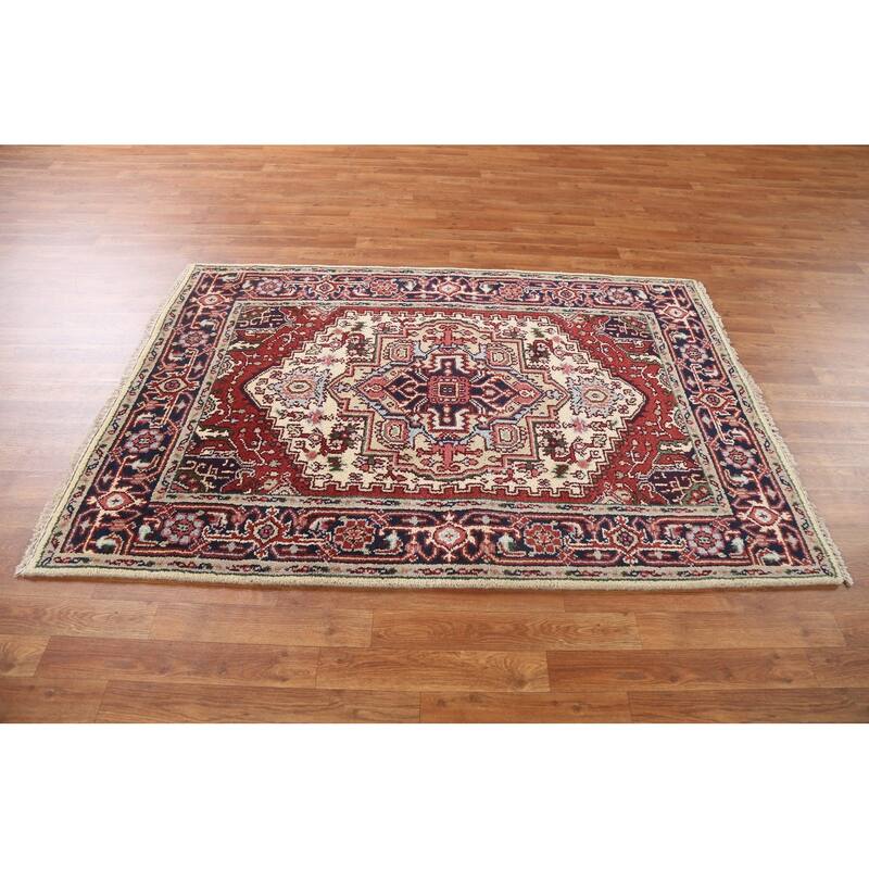 Geometric Traditional Heriz Serapi Oriental Wool Area Rug Hand-knotted - 4'0" x 5'11"