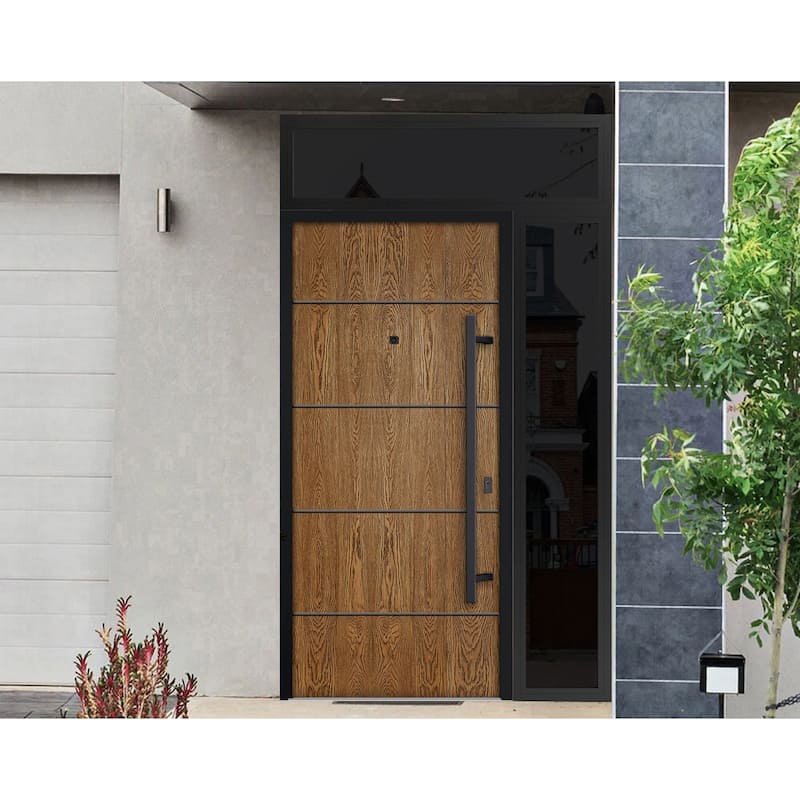 Exterior Prehung Steel Entry Door 0131 Black Enamel 2 Sidelites Top Window Stainless Steel Inserts W16+36+16xH80+16