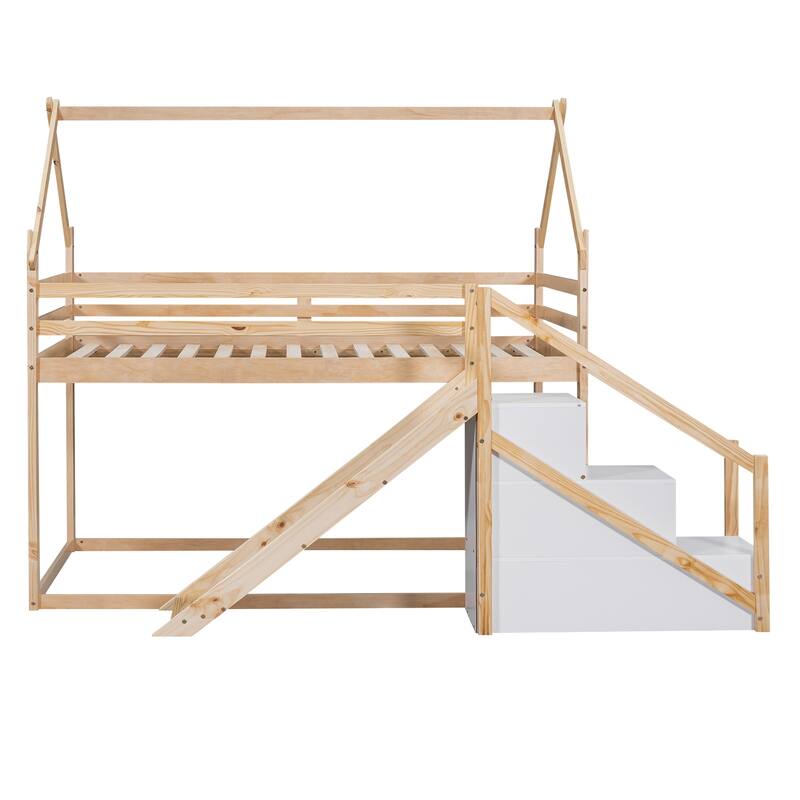 Twin over Twin House Loft or Bunk Bed with Slide, Staircase Storage, and Space-Saving Design, Made from Pine Wood and MDF
