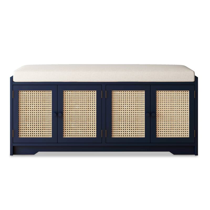 Upholstered Storage Bench with Cabinet Rattan Style Wood Cabinet