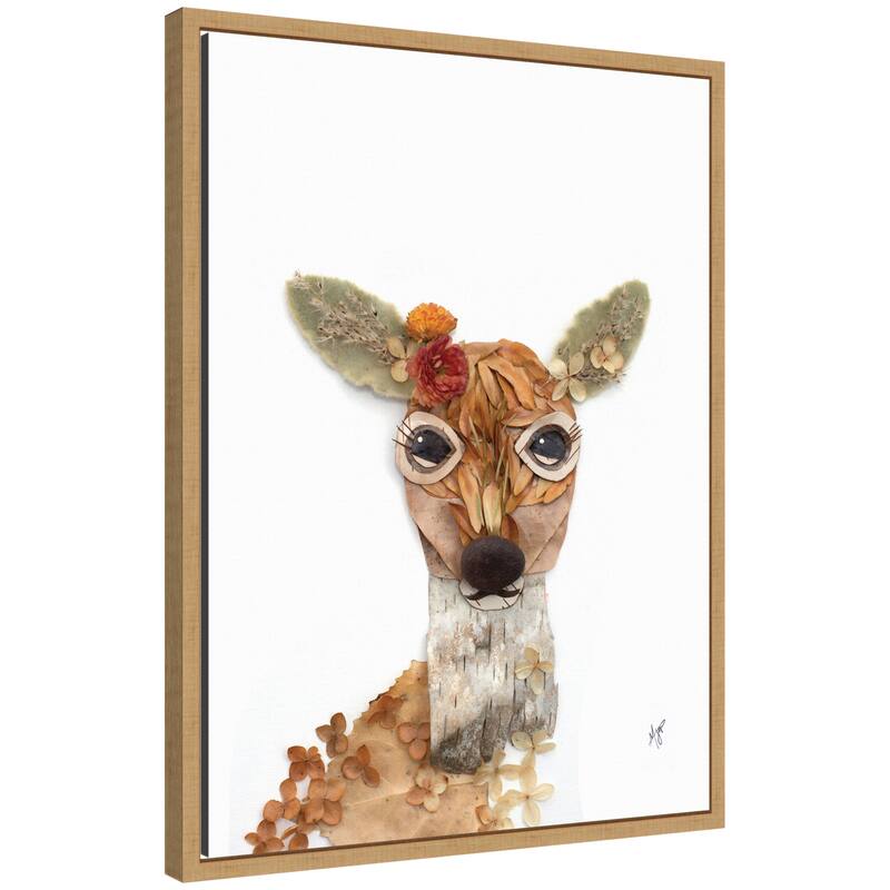 Kate and Laurel Deer with Flowers by Madeline Jeppesen Framed Canvas Wall Art Print - 18x24 - Natural
