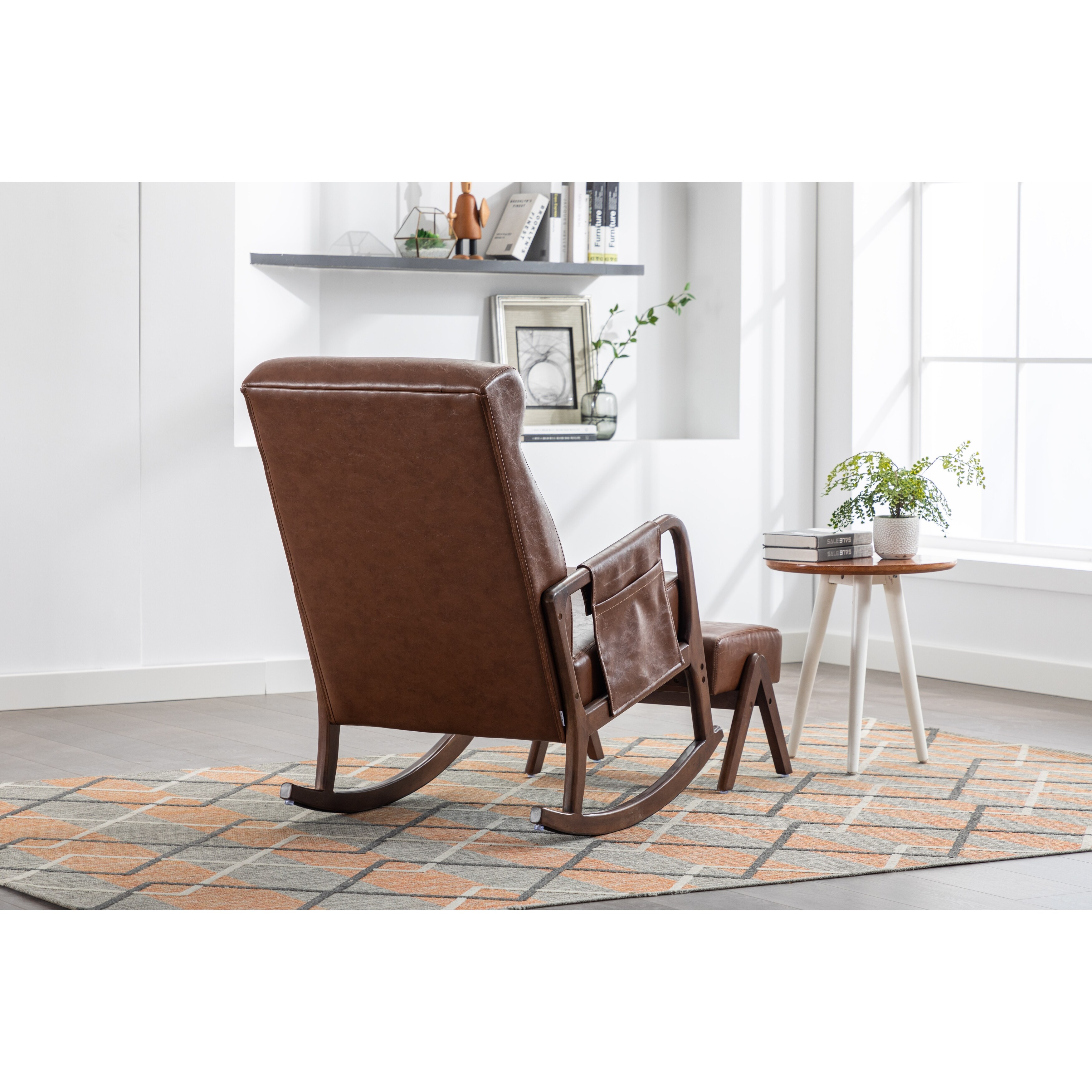 Leather Rocking Chair With Ottoman Mid Century Modern Upholstered Rocking Armchair High Backrest Accent Glider Rocker Chair