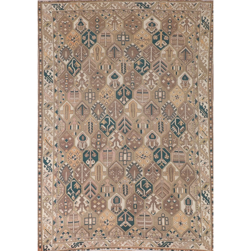 Garden Design Bakhtiari Persian Vintage Rug Handmade Beige Wool Carpet - 6'4"x 9'1"