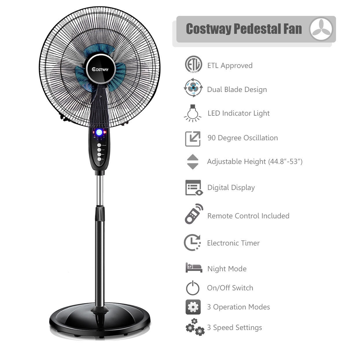 Honeywell Pedestal Fan Remote Control 3 Speed Adjustable Oscillating Floor Black