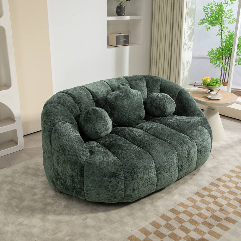 Chenille Upholstered Bean Bag Chair, Lazy Floor Sofa with Foam Filler, Fluffy Bean Bag Sofa with 3 Pillows & High Backrest