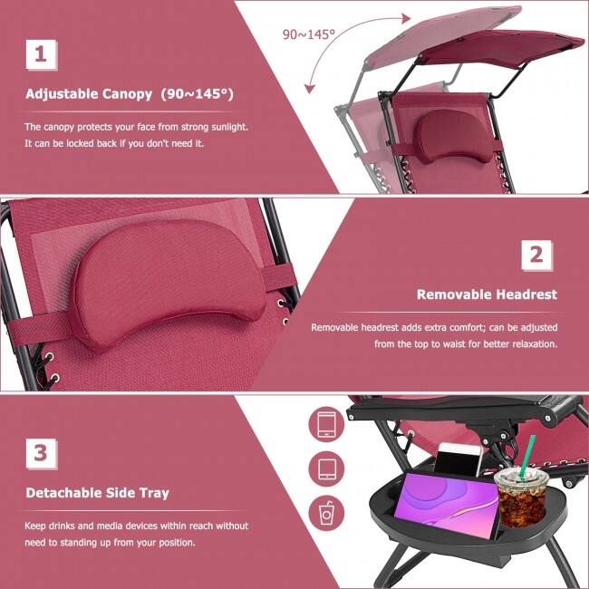 Portable Reclining Lounge Chair with Sunshade, Cup Holder, and Folding Design - Dark Red