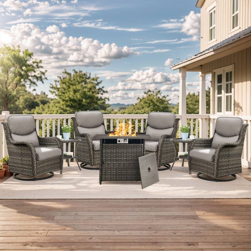 Outdoor Gliders Chairs with Fire Pit Table with 5-Inch Thick Cushions - Grey Rattan - Grey Cushion - 7PCS Swivel Chairs Table with Square Fire Table