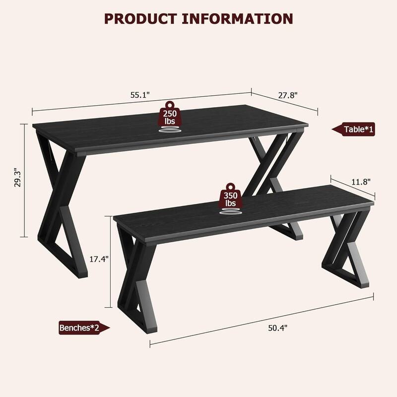 55" Large Kitchen Table Set with 2 Benches