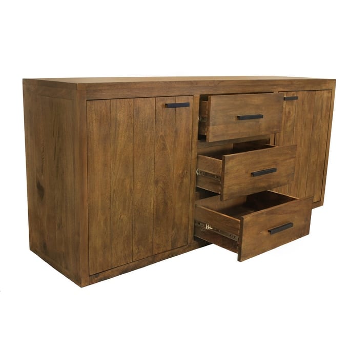 HomeRoots 71" Chestnut Distressed Solid Wood Three Drawer Sideboard with Two Doors - 71.00 in. x 33.00 in. x 19.00 in.