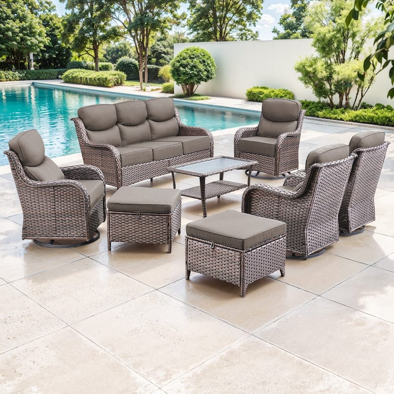 Gymojoy 8-Piece Patio Furniture Set with Swivel Glider Chairs, 6-Inch Ultra-Plush Cushions & Water-Resistant Olefin Fabric