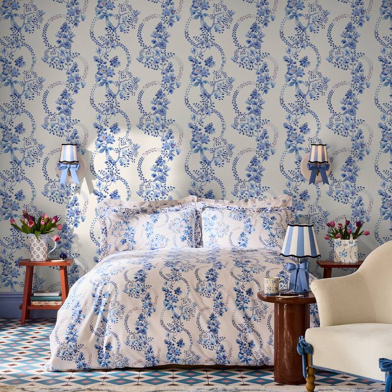 Cath Kidston Road Floral Blue & White Wallpaper