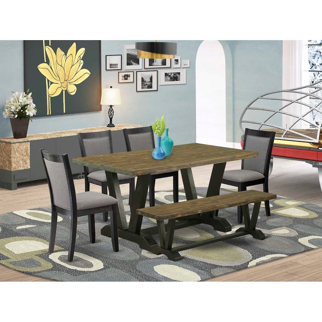 HomeStock 6-Piece Rectangle Distressed Jacobean Finish Solid Wood Top Dining Table with 1-Bench, 4-Chairs