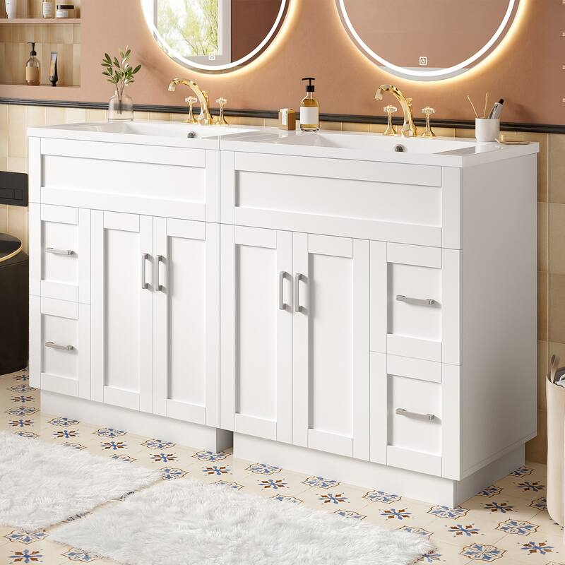 60" Double Bathroom Vanity with Dual SMC Resin Sinks, 4 Doors, 4 Drawers, and Soft-Close Hardware