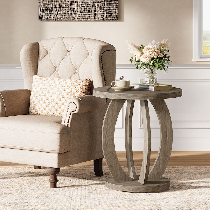 Round Side Table with Storage, Farmhouse End Table for Living Room Small Space