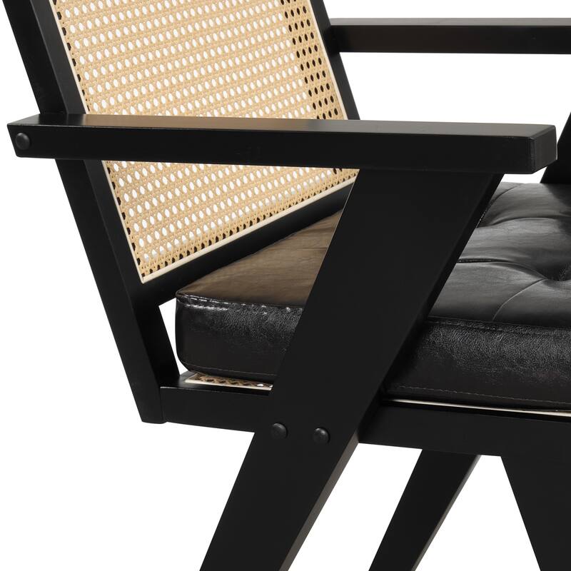 Mid-Century Modern Chair Accent Chair with Handcrafted Rattan Backrest and Padded Seat - 25.30" L x 22.80" W x 31.60" H