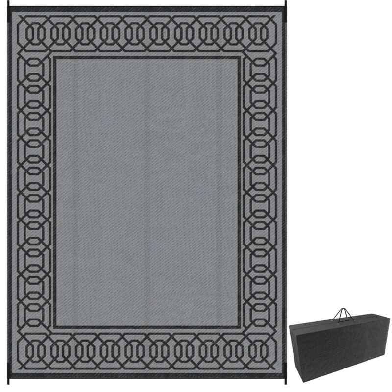 Reversible Outdoor Rug with Carry Bag Large Picnic Blanket for Camping, RV Trips, Beach - 143.7" L x 107.9" W - Black-Grey