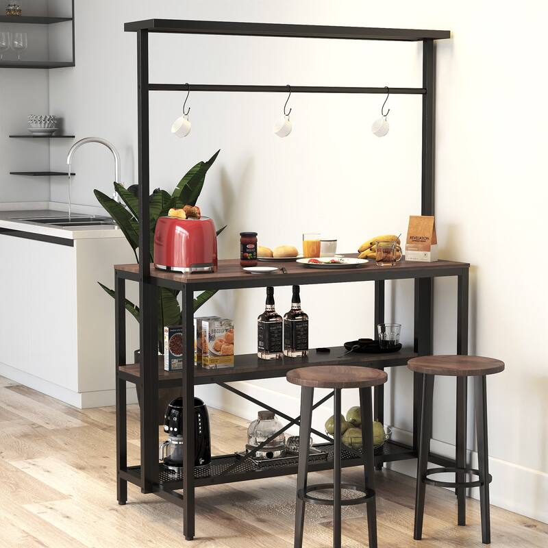 Roomfitters Kitchen Island with 3-Tier Storage Shelves and Hooks, Industrial Bakers Rack, Brown & Black