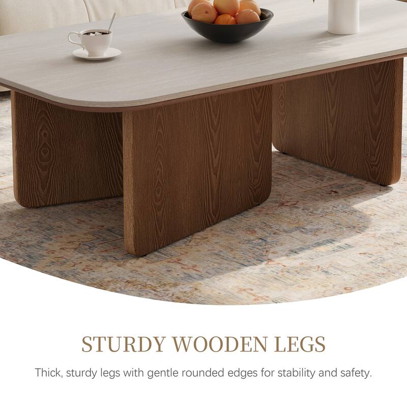 Mid Century 51.18" Coffee Table, Beige Sintered Stone Table Top, 3 Solid Wood Legs, Brown