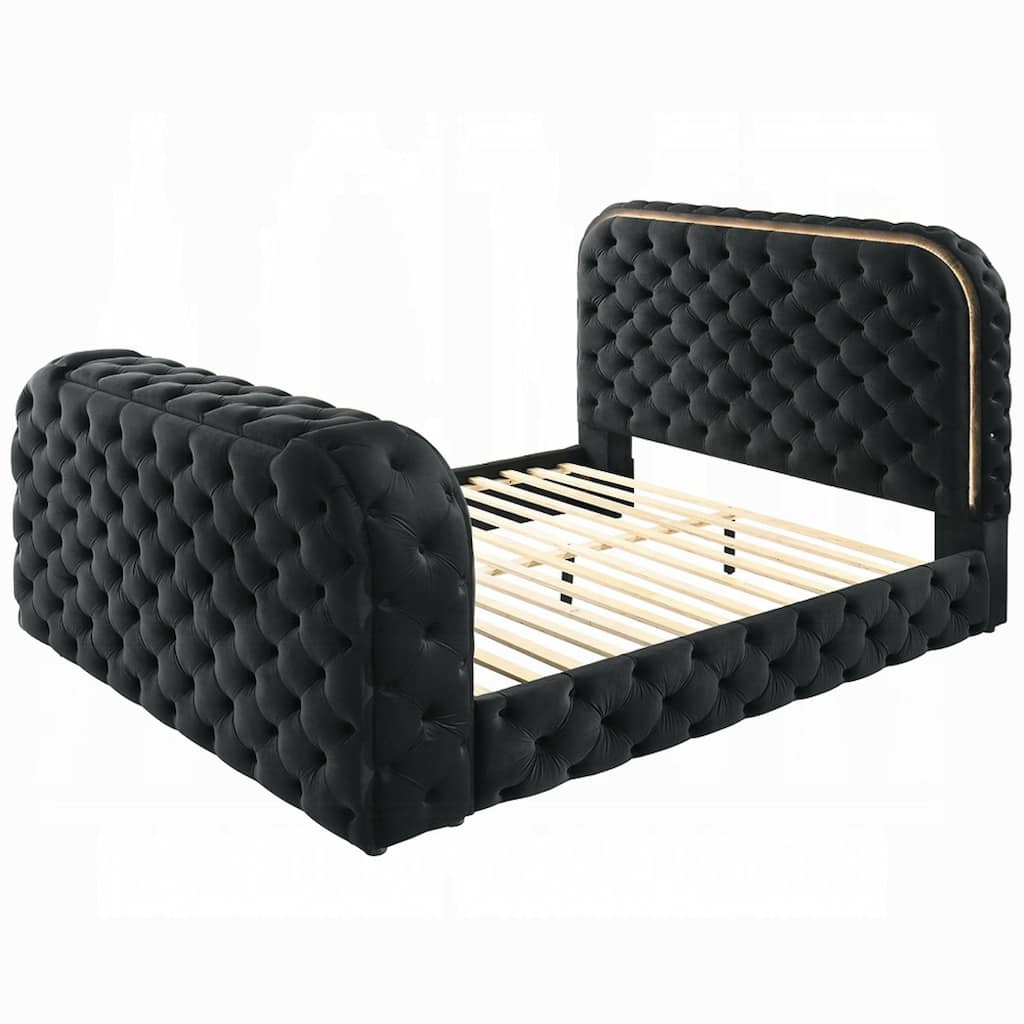 Kerie King Size Bed with LED Fireplace, TV Lift Stand, Black Velvet