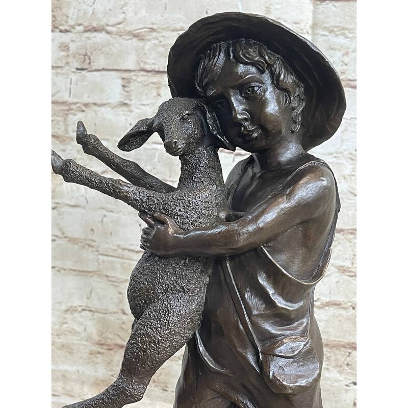 Little Boy In Hat Holding Lamb Sheep Bronze Statue Sculpture Figure Clical Decor 15 Inches X 7 Inches
