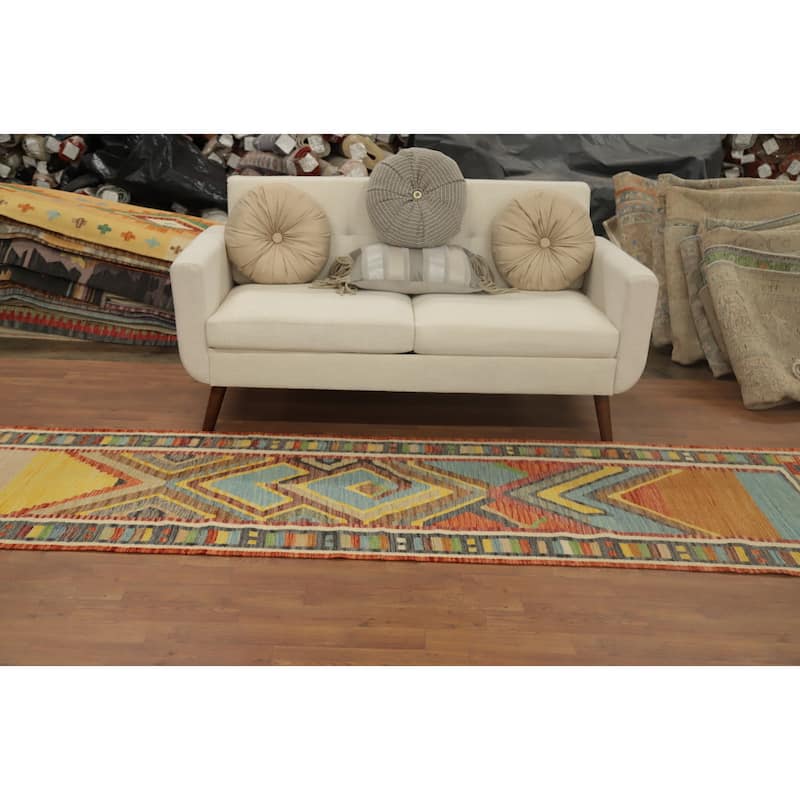 Hand Woven Oriental 100% Wool Carpet Southwestern Modern Multi-Colored Kilim Runner Rug - 10' 1'' X 2' 9''