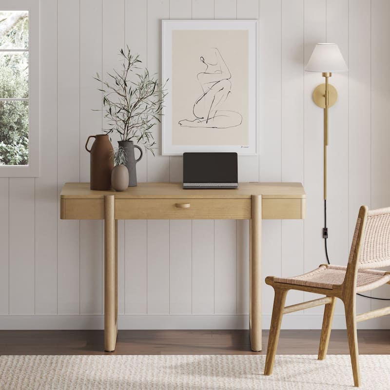 Haley Mid Century Modern Home Office Desk, Solid Wood Writing Desk with Drawer and Rounded Leg Details