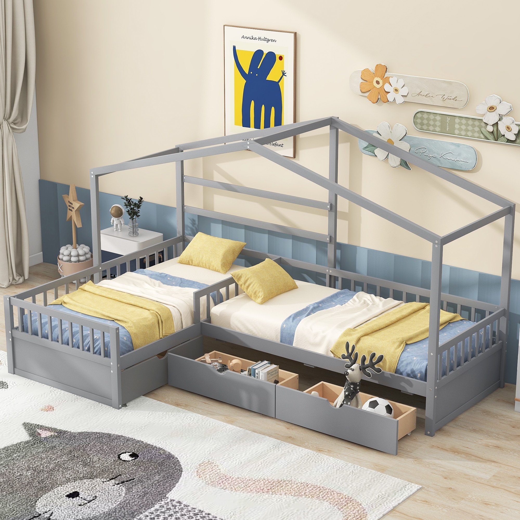 Twin Size Wooden House Platform Bed with Three Storage Drawers