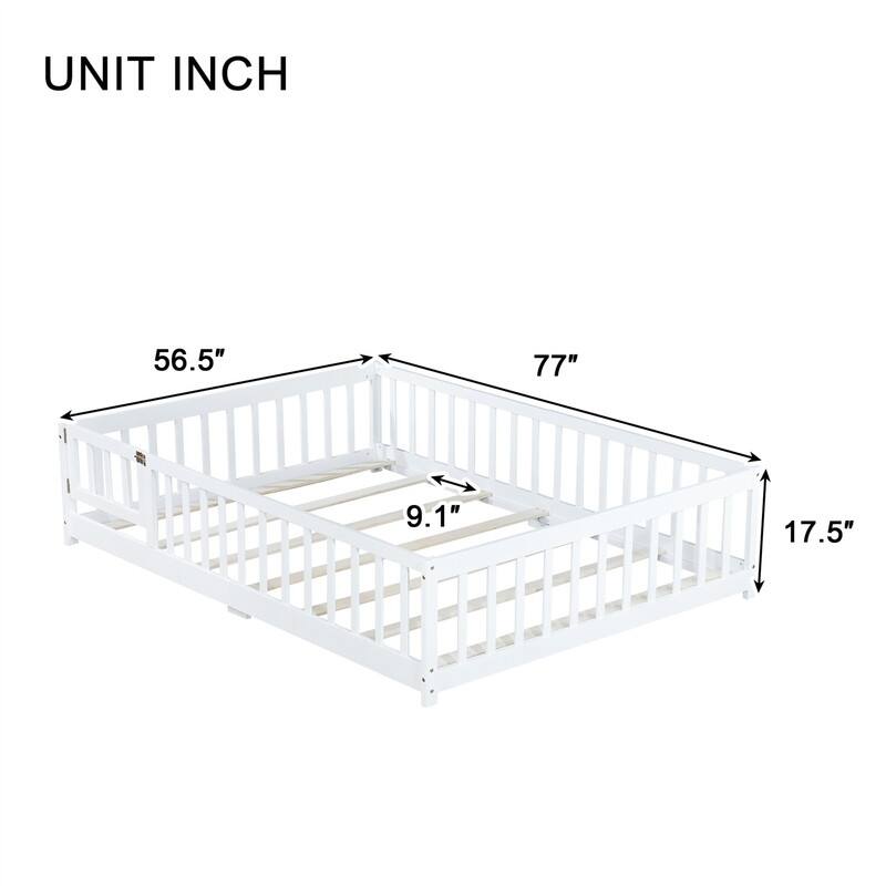 Twin/Full/Queen Size Floor Bed with Fence Guardrails and Door, Rubber Wood Toddler Bed Montessori Bed with Slats Support